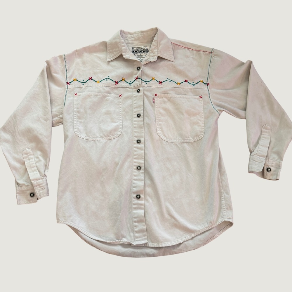 Levis Womens Vintage Western Shirt White Embroidered Cotton Button Down Small